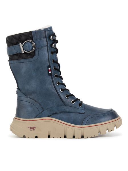 Mustang Kozaki 1499-605 Niebieski. Niebieskie kozaki damskie Mustang, ze skóry, bez obcasa, na płaskiej podeszwie. Za 399.99 zł.