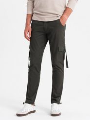 Męskie spodnie cargo STRAIGHT LEG z paskami na kieszeniach – grafitowe V3 OM-PACG-0197 - XXL. Szare spodnie materiałowe męskie Ombre Clothing, l, bez wzorów, z bawełny, eleganckie. Za 143.99 zł.