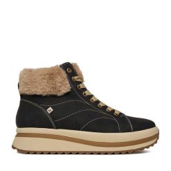 Trzewiki Rieker. Czarne botki damskie Rieker, bez obcasa, na płaskiej podeszwie, bez zapięcia. Za 459.99 zł.