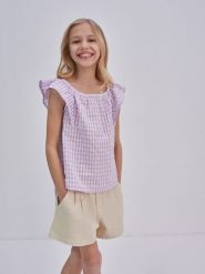 Bluzka dziewczęca ze strukturalnej tkaniny w kratkę fioletowa Kinga 500. Fioletowe t-shirty i topy dla dziewczynek Big Star, bez wzorów, z bawełny, bez ramiączek. W wyprzedaży za 29.99 zł.