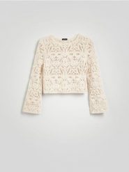 Ażurowa bluzka - kremowy. Białe bluzki damskie Reserved, l, w ażurowe wzory, z bawełny, bez kołnierzyka, bez ramiączek. Za 119.99 zł.
