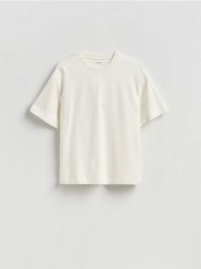 Bawełniany t-shirt boxy - złamana biel. T-shirty męskie Reserved, l, bez wzorów, z bawełny, bez kołnierzyka. Za 79.99 zł.