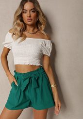 Ciemnozielone Szorty Bermudy High Waist z Dodatkiem Bawełny Wiązane w Pasie Quisevia. Zielone szorty damskie Renee, na lato, l, bez wzorów, z bawełny, z podwyższonym stanem. Za 39.99 zł.