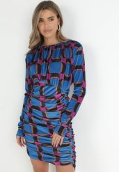 Niebieska Sukienka z Drapowaniem w Geometryczny Wzór Kalma. Niebieskie sukienki damskie Born2be, l, bez wzorów, bez kołnierzyka, bez ramiączek, mini, dopasowane. Za 79.99 zł.