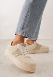 Beżowe Sneakersy Kultowe Tenisówki na Platformie Hlalna. Brązowe trampki i tenisówki damskie Born2be, bez wzorów, z jeansu, bez zapięcia. Za 89.99 zł.