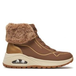 Trzewiki Skechers. Brązowe botki damskie Skechers, bez obcasa, na płaskiej podeszwie, bez zapięcia. Za 329.99 zł.