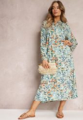 Miętowa Rozkloszowana Sukienka w Abstrakcyjny Wzór i Górą Zapinaną na Guziki Skylare. Zielone sukienki damskie Renee, na co dzień, l, bez wzorów, z wiskozy, eleganckie, bez kołnierzyka, bez ramiączek, maxi, kopertowe. Za 99.99 zł.