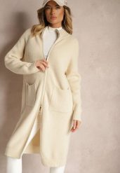 Jasnobeżowy Długi Kardigan o Prostym Kroju ze Stójką z Domieszką Wełny i Zapięciem na Suwak Bonitana. Brązowe kardigany damskie Renee, bez wzorów, z jeansu, eleganckie, bez kołnierzyka, bez ramiączek, długie, bez kaptura. Za 119.99 zł.