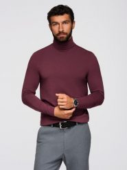 Longsleeve męski gładki z golfem - bordowy V6 OM-LSCL-0130 L. Czerwone bluzki z długim rękawem męskie Ombre, l, bez wzorów, bez kołnierzyka. Za 149.99 zł.