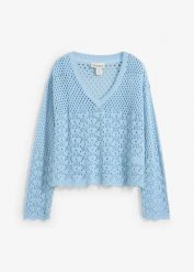 Lekki sweter ażurowy. Brązowe swetry damskie bonprix, w ażurowe wzory, z dzianiny, bez kołnierzyka, bez ramiączek, bez kaptura. Za 92.99 zł.