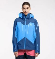 Kurtka Damska Turystyczna Spitz Jacket Women Nordic Blue/Baltic Blue. Niebieskie kurtki damskie Haglöfs, l, bez wzorów, z gore-texu, z kapturem. Za 899.00 zł.