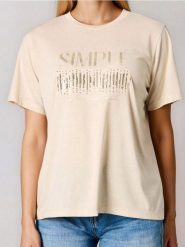 Koszulka z błyszczącą aplikacją - beżowy. Brązowe t-shirty damskie Sinsay, l, z aplikacjami, bez kołnierzyka. Za 29.99 zł.