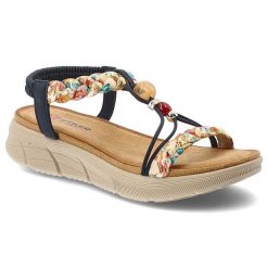 Sandały damskie Artiker, cholewka ze skóry ekologicznej cienkie paski z przodu ozdobne metalowe detale, granatowe, 58C0002. Niebieskie klapki damskie Artiker, bez wzorów, ze skóry ekologicznej, bez obcasa, na platformie. Za 169.00 zł.