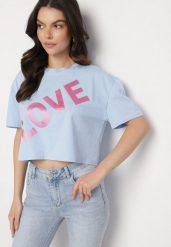 Niebieski Bawełniany T-shirt Oversize o Krótkim Kroju z Napisem Sannelia. Niebieskie bluzki damskie Born2be, m, bez wzorów, z bawełny, bez kołnierzyka. Za 34.99 zł.