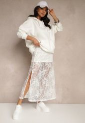 Biała Koronkowa Spódnica o Rozkloszowanym Kroju z Rozcięciem Zarlaura. Białe spódnice damskie Renee, m, z aplikacjami, z koronki, eleganckie, midi, rozkloszowane. Za 89.99 zł.