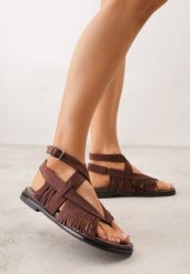 Brązowe Sandały w Stylu Rzymianek z Frędzlami Lysoph. Brązowe sandały damskie Born2be, bez wzorów, z jeansu, bez obcasa, na płaskiej podeszwie, bez zapięcia. Za 109.99 zł.