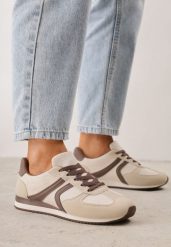 Beżowe Sneakersy Casual z Imitacji Zamszu z Geometrycznymi Wstawkami na Boku Sadiqa. Brązowe obuwie sportowe damskie Renee, bez wzorów, z jeansu. Za 119.99 zł.