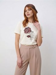 Bawełniana koszulka z koronkową aplikacją róży - kremowy. Białe t-shirty damskie Sinsay, l, z aplikacjami, z bawełny, bez kołnierzyka. Za 25.99 zł.