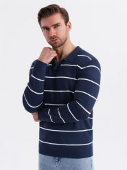 Męski longsleeve polo w poziome paski z wiskozą granatowo-biały V1 OM-POLS-0146 XL. Białe bluzki z długim rękawem męskie Ombre, bez wzorów, z wiskozy. Za 317.70 zł.