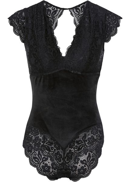 Body aksamitne bez fiszbinów. Czarne body damskie bonprix, bez wzorów, z koronki. Za 124.99 zł.
