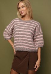 Brązowy Sweter z Wełną i Bufiastymi Rękawami w Paski Kaonne. Brązowe swetry damskie Born2be, bez wzorów, z jeansu, eleganckie, bez kołnierzyka, bez ramiączek, bez kaptura. Za 139.99 zł.