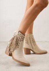 Beżowe Botki Kowbojki na Stożkowym Obcasie z Ażurowym Wzorem i Eathetina. Brązowe botki damskie Born2be, z jeansu, boho, bez obcasa, na obcasie, bez zapięcia. Za 149.99 zł.