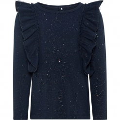 Koszulka "Shimmer" w kolorze granatowym. Niebieskie bluzki dla dziewczynek Name it Kids, z bawełny, z falbankami, z długim rękawem. W wyprzedaży za 42.95 zł.