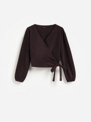 Bluza z wiązaniem - ciemnofioletowy. Fioletowe bluzy damskie Reserved, l, bez wzorów, z dzianiny, bez kaptura. Za 99.99 zł.