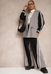 Szary Streetwearowy Komplet z Marynarką i Spodniami Wide Leg w Prążki Naorin. Szare żakiety damskie Renee, l, bez wzorów, eleganckie. Za 239.99 zł.