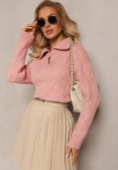 Różowy Sweter z Dekoltem w Serek i Ozdobnym Splotem Travissa. Czerwone swetry damskie Renee, bez wzorów, ze splotem, casualowe, bez kołnierzyka, bez ramiączek, bez kaptura. Za 99.99 zł.