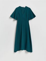 Sukienka z lyocellem - niebieski. Niebieskie sukienki damskie Reserved, l, bez wzorów, z lyocellu, bez kołnierzyka, bez ramiączek, midi, rozkloszowane. Za 199.99 zł.