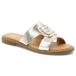 Złote Klapki Filippo Eleganckie Obuwie Damskie Z Broszką. Żółte klapki damskie Filippo, bez wzorów, eleganckie, bez obcasa, na płaskiej podeszwie. Za 129.00 zł.
