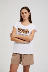 Bluzka z napisem i nadrukiem biała. Białe bluzki damskie MOODO, m, bez wzorów, bez kołnierzyka. W wyprzedaży za 29.99 zł.