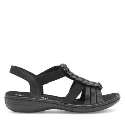 Sandały Rieker. Czarne sandały damskie Rieker, bez wzorów, bez obcasa, na płaskiej podeszwie, bez zapięcia. Za 239.99 zł.