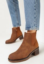 Brązowe Botki na Niskim Słupku Raansela. Brązowe botki damskie Born2be, eleganckie, bez obcasa, na obcasie, bez zapięcia. Za 129.99 zł.