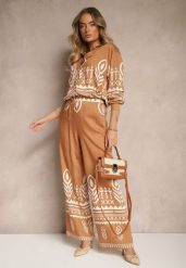 Brązowy Komplet z Wiskozą Koszula i Spodnie Zdobione Ornamentalnym Wzorem Gavris. Brązowe koszule damskie Renee, na lato, l, z aplikacjami, z materiału, eleganckie, bez kołnierzyka, bez ramiączek. Za 109.99 zł.