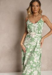 Zielono-Kremowa Sukienka z Wiskozą o Rozkloszowanym Kroju w Kwiaty Thirimi. Zielone sukienki damskie Renee, na co dzień, l, bez wzorów, z wiskozy, eleganckie, bez kołnierzyka, bez ramiączek, maxi, rozkloszowane. Za 49.99 zł.