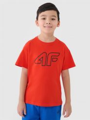4F T-shirt z nadrukiem chłopięcy - pomarańczowy 152 (11-12 lat). Brązowe t-shirty dla chłopców 4f, bez wzorów, z bawełny, bez ramiączek. W wyprzedaży za 29.99 zł.