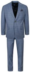 Garnitur, Jasny Niebieski w Kratkę Zapinany na Dwa Guziki, SLIM, Spodnie w Kant -VICTORIO. Niebieskie eleganckie spodnie męskie Victorio, l, bez wzorów, z elastanu. Za 799.00 zł.