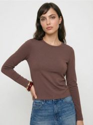 Bawełniana koszulka slim fit z długim rękawem - brązowy. Brązowe t-shirty damskie Sinsay, l, bez wzorów, z bawełny, bez kołnierzyka. Za 19.99 zł.