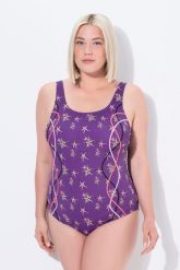 Damskie Strój kąpielowy rozgwiazdy bez miękkich miseczek zdobna lamówka. Fioletowe kostiumy jednoczęściowe damskie Ulla Popken, plus size, bez wzorów, z elastanu, sportowe, plus size, do pływania. Za 199.99 zł.
