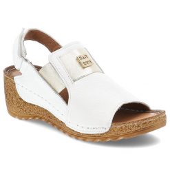 Sandały damskie Armodo, ze skóry na koturnie z ozdobą z gumką na rzepy, biało-złote, 50110-V. Białe klapki damskie Armodo, z aplikacjami, ze skóry, bez obcasa, na koturnie, bez zapięcia. Za 269.00 zł.
