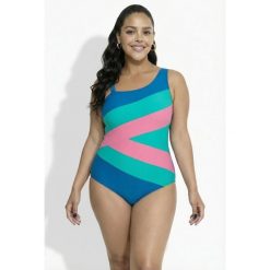 Damski Strój kąpielowy szerokie kolorowe pasy miękkie miseczki. Niebieskie kostiumy jednoczęściowe damskie Ulla Popken, plus size, bez wzorów, z elastanu, sportowe, plus size, do pływania. W wyprzedaży za 191.99 zł.