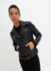 Ramoneska oversize. Czarne kurtki damskie bonprix, bez wzorów, ze skóry, bez kaptura. Za 269.99 zł.