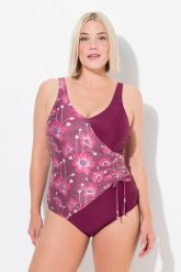 Damski Strój kąpielowy błyszczące kwiaty w kopertowym stylu miękkie miseczki. Fioletowe kostiumy jednoczęściowe damskie Ulla Popken, plus size, bez wzorów, z elastanu, plus size, do pływania. Za 233.99 zł.