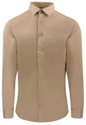 Delikatnie Wyszczuplana (Slim) Męska Koszula - Lanier - Jasny Brąz, Ciemny Beż. Koszule męskie Lanier, m, bez wzorów, z bawełny, eleganckie, bez kołnierzyka, bez ramiączek. Za 175.00 zł.