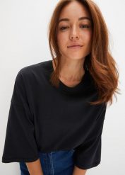 Koszulka oversize z elastycznej mieszanki bawełny organicznej. Czarne bluzki damskie bonprix, bez wzorów, z bawełny, bez kołnierzyka, bez ramiączek. Za 39.99 zł.
