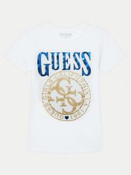 Guess T-Shirt J5RI20 K6YW4 Biały Regular Fit. Białe t-shirty i topy dla dziewczynek Guess, z aplikacjami, z bawełny, bez ramiączek. Za 49.99 zł.