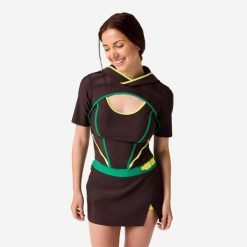 Top tankini z kapturem surfingowy Decathlon ViVi seria limitowana. Brązowe topy damskie Decathlon, l, bez wzorów, z elastanu, bez kołnierzyka, bez ramiączek. Za 329.99 zł.