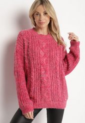 Różowy Sweter z Wełną z Ozdobnym Splotem Abrenevia. Czerwone swetry damskie Born2be, na zimę, bez wzorów, z wełny, bez kołnierzyka, bez ramiączek, bez kaptura. Za 74.99 zł.